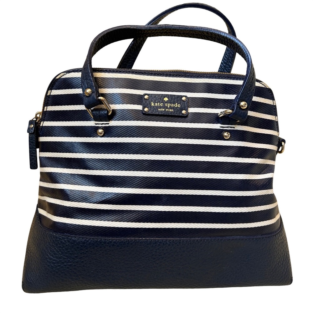 Kate Spade NY Maise Satchel Grove Court Stripe Navy Blue Leather Bag 12x9.5